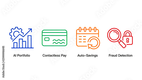 Gear growth, green card, and magnifying glass lock represent AI investment advisory contactless payment anti fraud, suitable for intelligent wealth management apps and payment security platforms.
