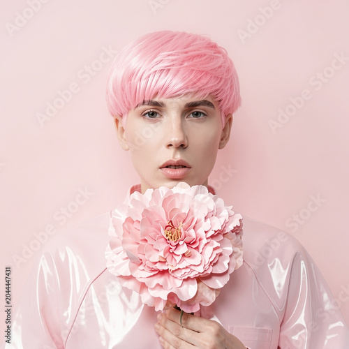 Monochromatic Pink Portrait of a Woman with Pastel Hair Holding a Large Peony Flower