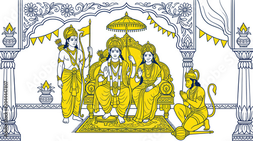 Photography Lord Rama, Sita, Lakshmana, and Hanuman in royal court, Indian mythology illustr