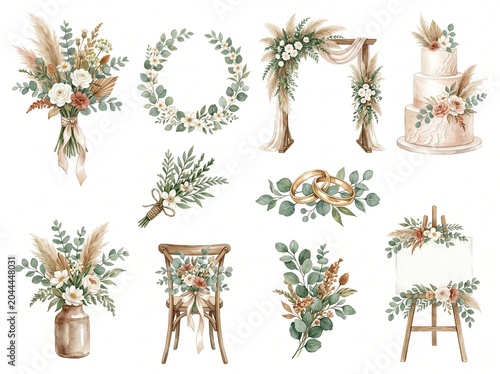 Boho Wedding Clipart Set Floral Bouquet Wedding Arch Wreath Ring Box Engagement Rings Stationery Floral Decor Wedding Chair Graphic Illustrations Isolated On White Background Digital Planner Scrapbook
