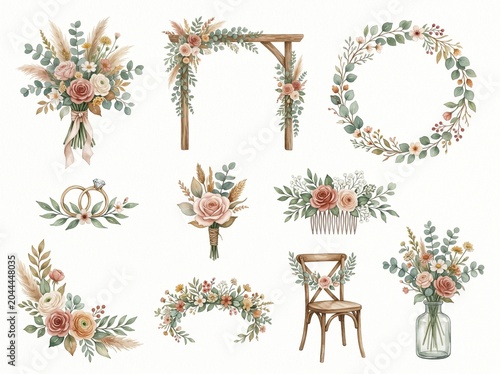 Boho Wedding Clipart Set Floral Wedding Arch Bouquet Wreath Wedding Rings Hair Comb Wooden Chair Floral Vase Wedding Decor Graphic Illustrations Isolated On White Background Digital Planner Scrapbooki
