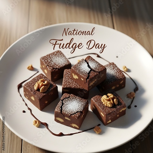 Delicious chocolate fudge pieces with nuts on a white plate for national fudge day celebration