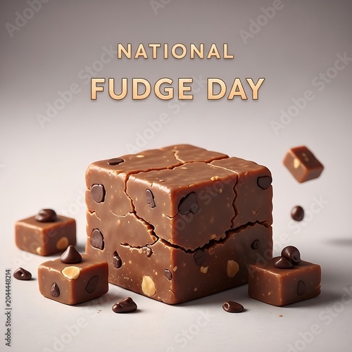 A stack of chocolate fudge cubes with nuts and chocolate chips on a gray background celebrating national fudge day with a few pieces scattered around
