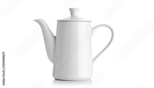 Elegant White Teapot with Lid on White Background.