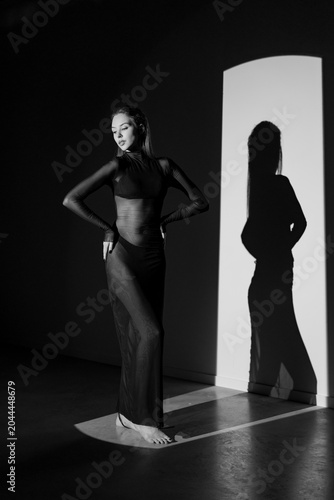 Black and white fashion portrait of a woman in a sheer outfit standing in hard window light, with a tall silhouette shadow on the wall and copy space