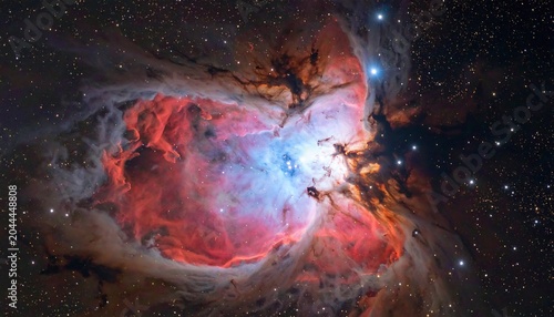 A vibrant nebula with swirling clouds of red, blue, and white gas and dust in space