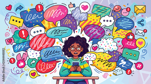 Social media overload vector illustration, stressed woman with smartphone and speech bubbles, digital communication burnout and information anxiety