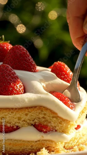 Fresh strawberry cake with creamy frosting being cut with a fork and spoon, showcasing layers of sponge and strawberries in a garden setting with bokeh lights