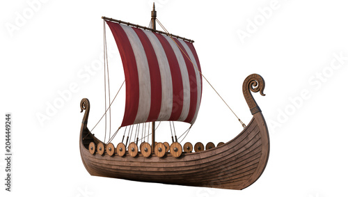 Fotografía Wooden Viking longship with red and white striped sail and shields