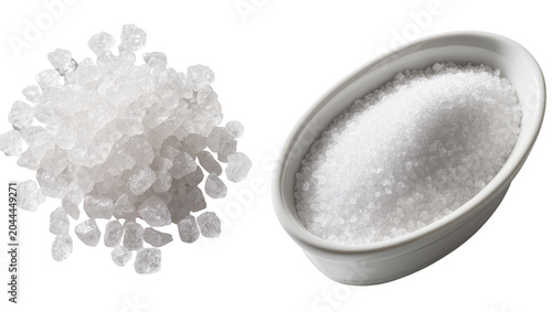 Tableau sur toile Coarse sea salt crystals in white bowl and pile