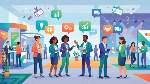 Business networking event vector illustration, diverse professionals at corporate trade show exhibition, people exchanging business cards