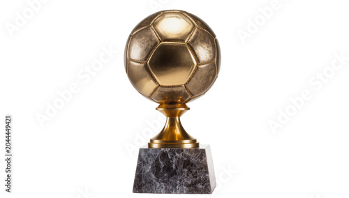 Golden soccer ball trophy on marble base