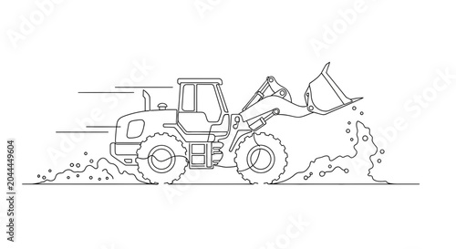 Billede på lærred Line Art Loader Truck Scooping Dirt and Debris, Construction Equipment Illustrat