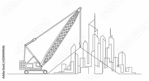 Foto Construction Crane Building Cityline Outline Drawing - Urban Development Concept
