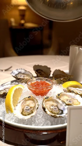 Hand lifts silver cloche revealing a plate of fresh oysters with lemon wedges and cocktail sauce on a fine dining table in an elegant restaurant setting