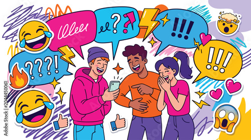 Vibrant cartoon illustration of diverse friends laughing at smartphone, colorful speech bubbles with emojis and icons, social media communication concept