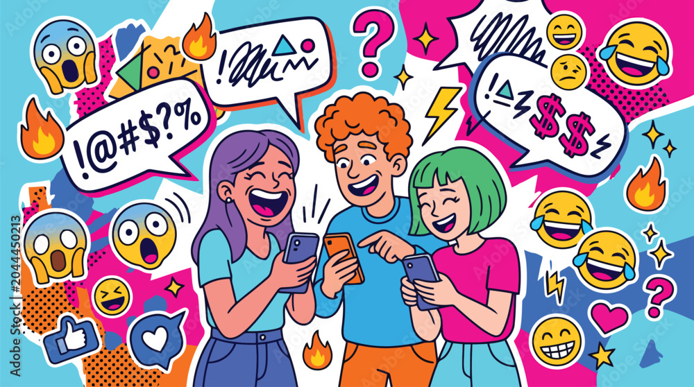 Fototapeta premium Vibrant pop art illustration of happy teenagers using smartphones, Gen Z friends laughing at social media content, colorful comic style vector