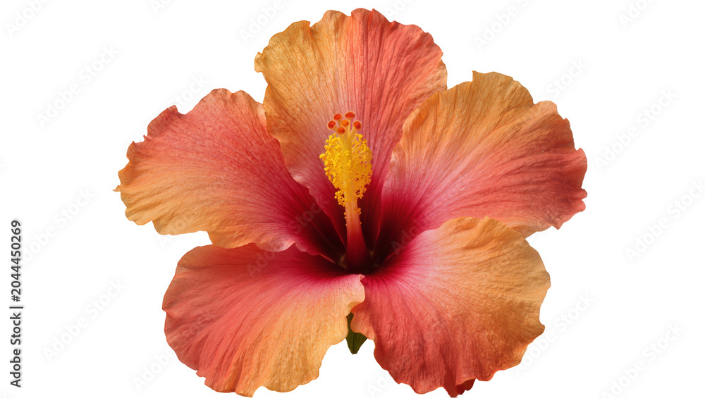Fototapeta premium Orange and pink hibiscus flower with yellow stamen