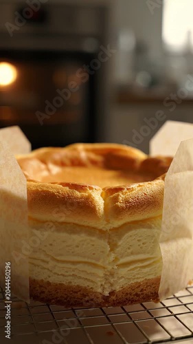 Soft and fluffy cheesecake resting on a wire rack with parchment paper, warm oven glowing in the background, showcasing layers of creamy filling and golden top