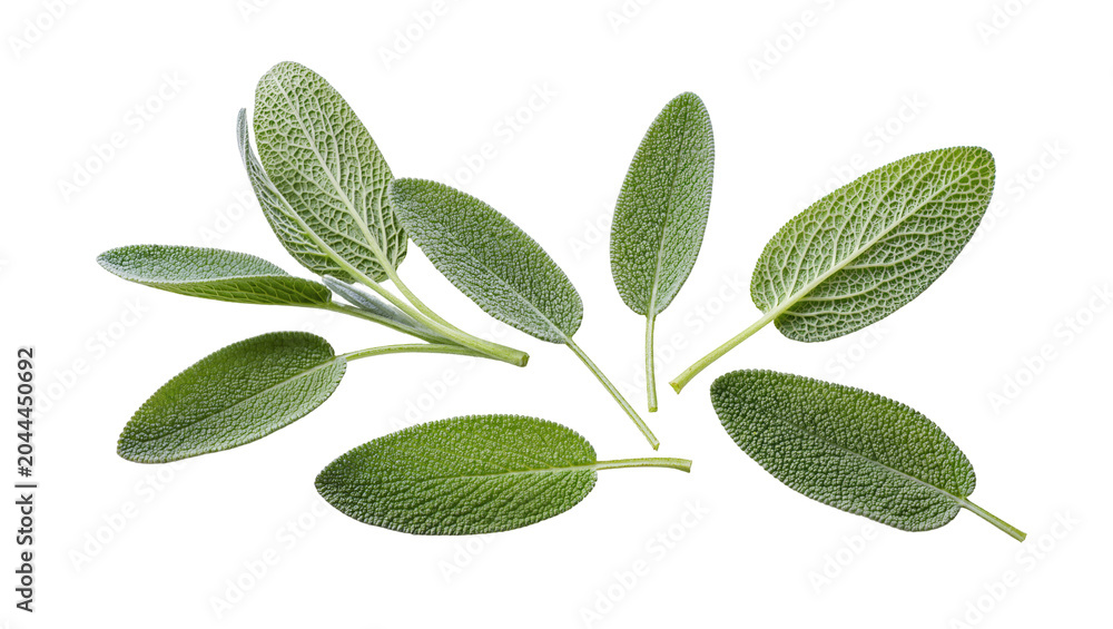Obraz premium Fresh green sage leaves sprigs on white