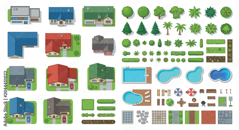 Fototapeta premium Architectural Elements And Garden Components Vector Illustration On White Background