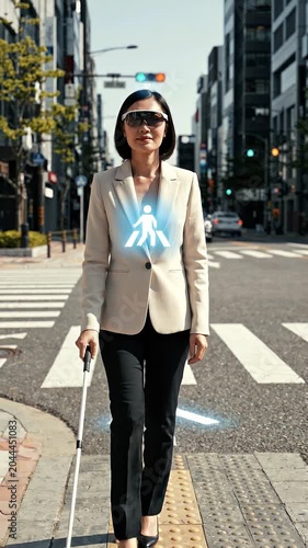 Asian woman in business attire confidently crosses a city street using a white cane, with pedestrian signals illuminated in a modern urban environment