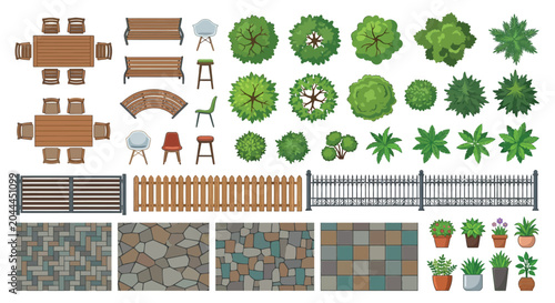 Park Furniture And Landscape Elements Vector Illustration Collection
