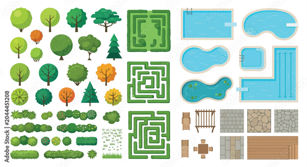Fototapeta premium Landscape Elements Vector Illustration With Trees Pools And Garden Features