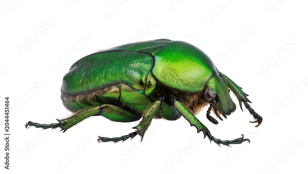 Obraz premium Metallic green scarab beetle with hairy underside and segmented legs
