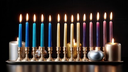 Traditional hanukkah menorah with burning candles in multiple colors, celebrating heritage and holidays jewish