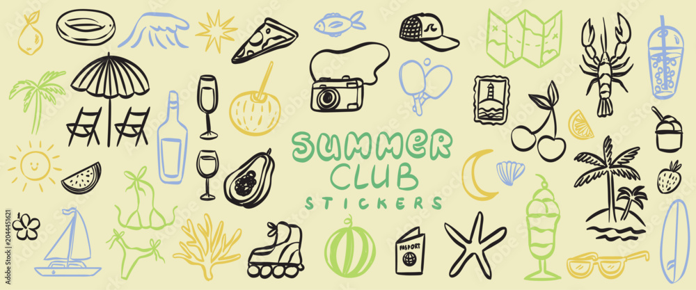 Obraz premium Summer beach sea memories doodle sticker set. Simple sketch naive coastal drawings. Vector summertime sea travel scrapbook hand drawn collage illustrations for journal, dairy, notebooks, social media.