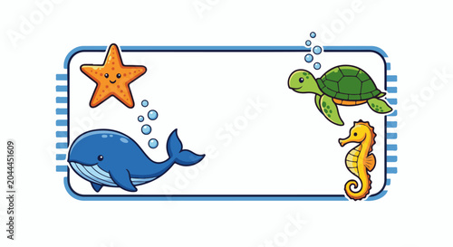 Cute cartoon ocean animals with bubbles within a decorative frame
