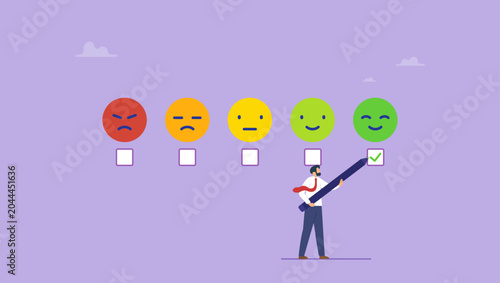 Foto Customer with pencil giving online survey satisfaction rating