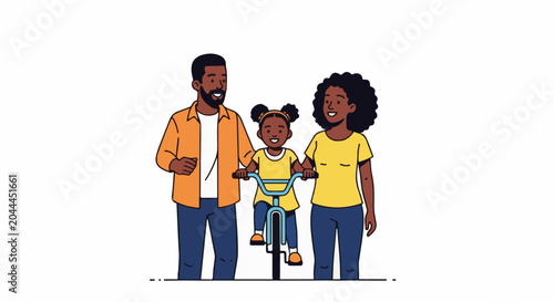 Family teaches daughter to ride bicycle outdoors