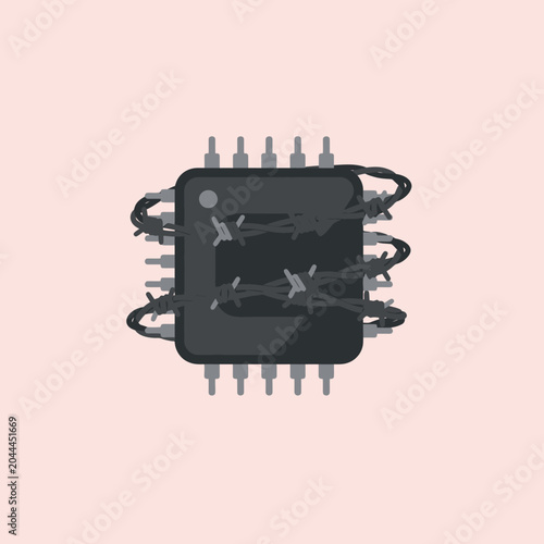 An abstract illustration of a computer chip with barbed wire around it