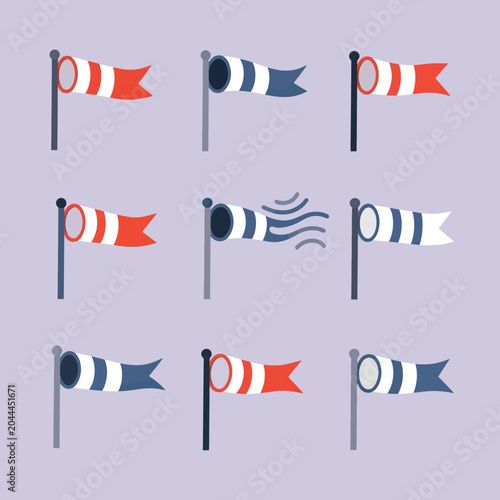 A collection of wind direction indicators on a soft, muted background color