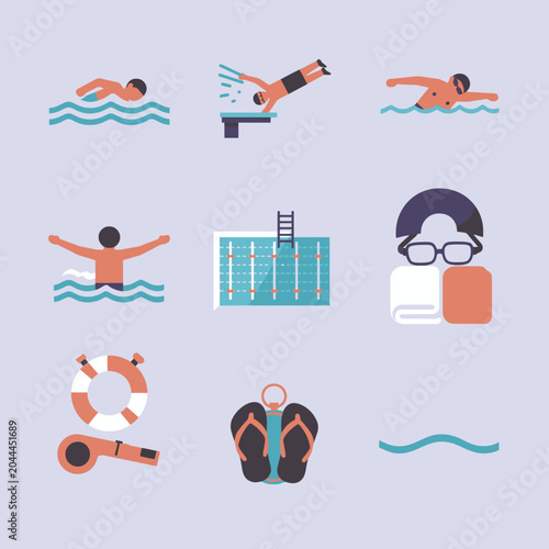 A collection of flat vector icons depicting various swimming activities