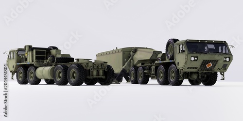 3D render of a modern tactical military vehicle with rugged tires and transport trailer.