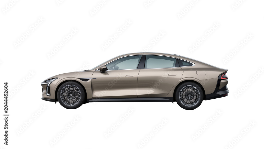 Fototapeta premium Modern luxury sedan car side profile view, metallic champagne color