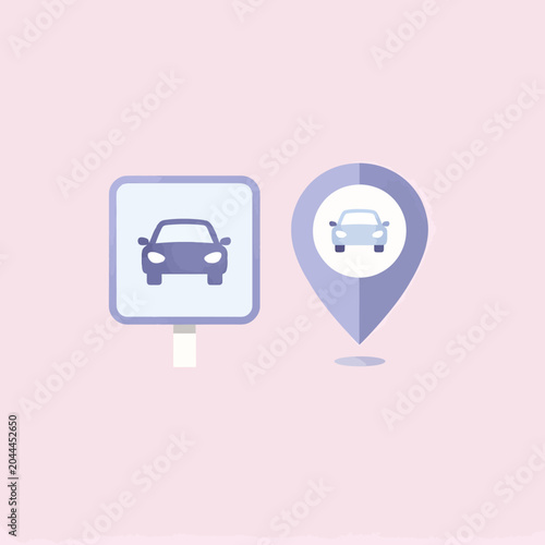 A graphic illustration of a car sign and a location pin symbol