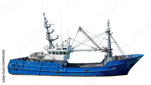 Fotografie Blue fishing trawler vessel with cranes and radar