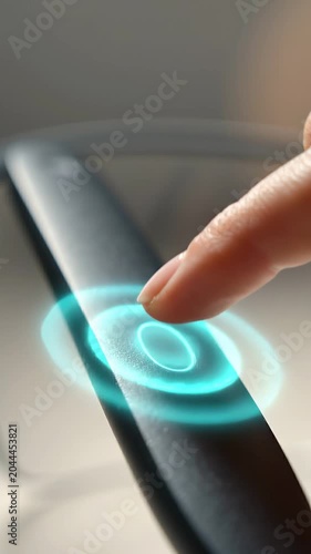 Close-up view of a finger pressing a button on smart glasses, showing the activation process with visual feedback in a modern indoor setting