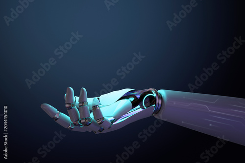 3D Robot Hand Gesture Presenting Advanced Technology with Futuristic Digital Background