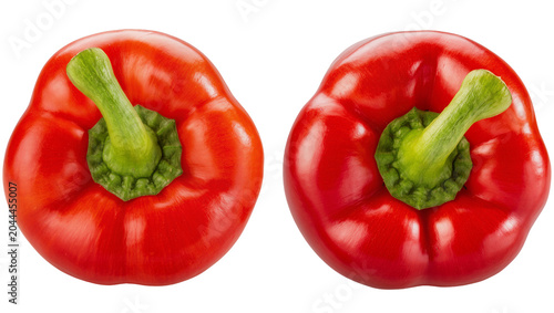 Obraz na plátně Two red bell peppers with green stems and calyxes