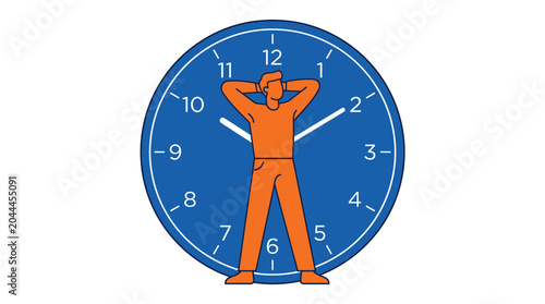 Schilderij op canvas Time management concept vector, relaxed man leaning on a blue wall clock, work l