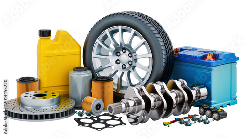 Foto Automotive Parts Assortment Tire Crankshaft Battery Oil Filter, Brake Disc