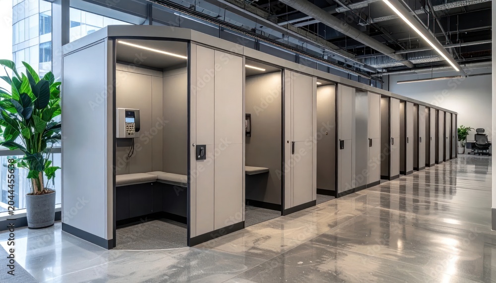 Fototapeta premium Modern Private Phone Booths Lined Up in Bright Open Plan Office
