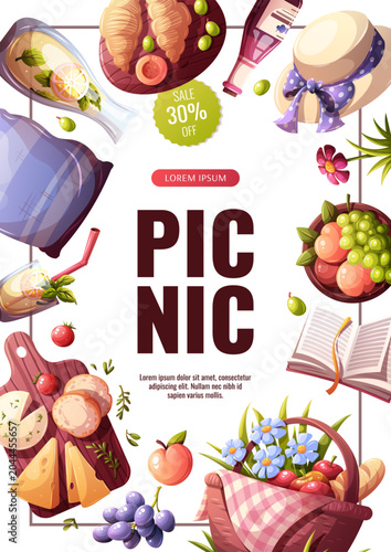 Flyer design with picnic basket, picnic food, fruits, cheese, croissants, lemonade, pillow, book, sun hat. Picnic time, summer vacation, drink and food concept. Vector illustration for banner, poster,
