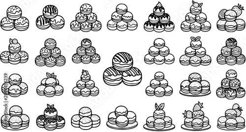 Foto Sweet Food Dessert Cream Puffs  Profiteroles Line Art Icons Set