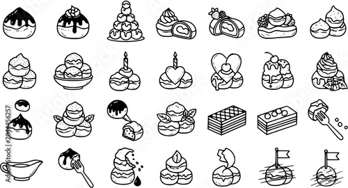 Black and White Line Art Food Icons: A Collection of Delicious Desserts, Pastries, and Sweet Treats, Hand-drawn Doodle Style